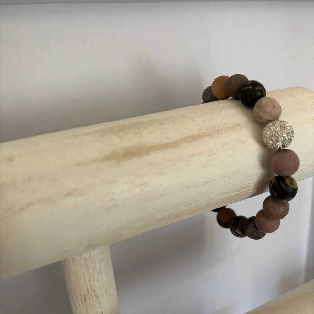 Handmade Matte Rhodonite Beaded Stretch Bracelet with Rhinestone Centerpiece
